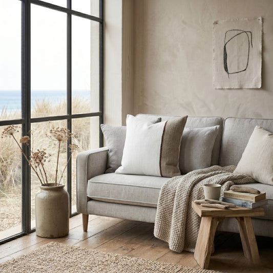Cozy living room with a gray sofa, wooden side table, and large windows.