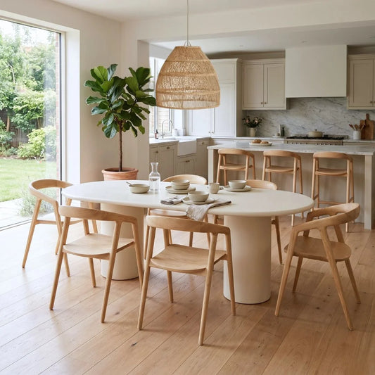 Dining area with a white round table and wooden chairs in a modern kitchen.