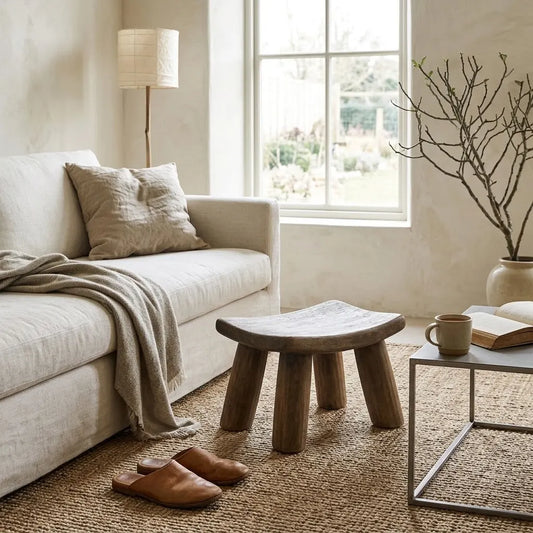A rustic wooden stool with a curved seat and chunky legs, styled in a bright, modern living room next to a beige sofa and a small side table.