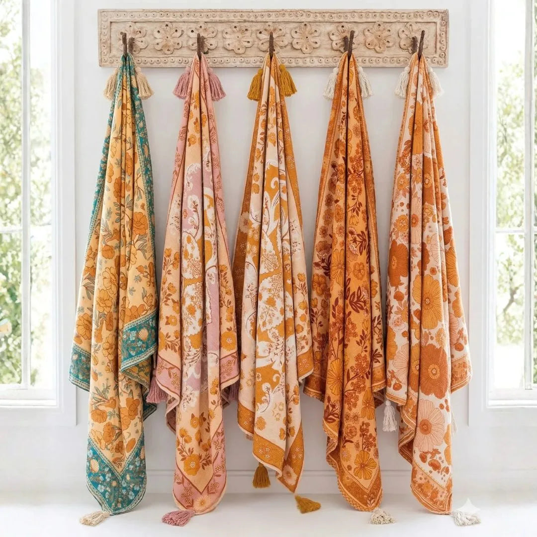 Set of colorful patterned throw blankets hanging on a decorative wooden hook against a white wall.