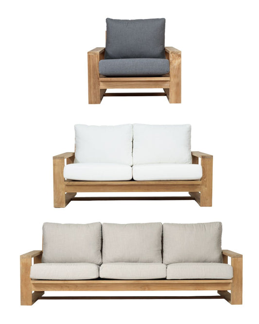 Set of outdoor furniture including a chair, loveseat, and sofa with cushions on a white background.
