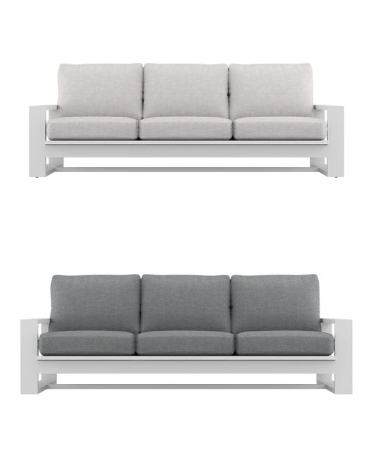 Two sofas, one with light gray cushions and the other with dark gray cushions, on a white background.