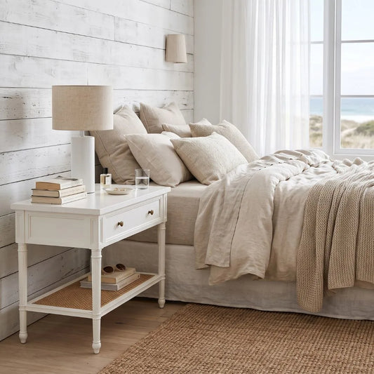Sun Republic white nightstand bedside table in a modern bedroom setting