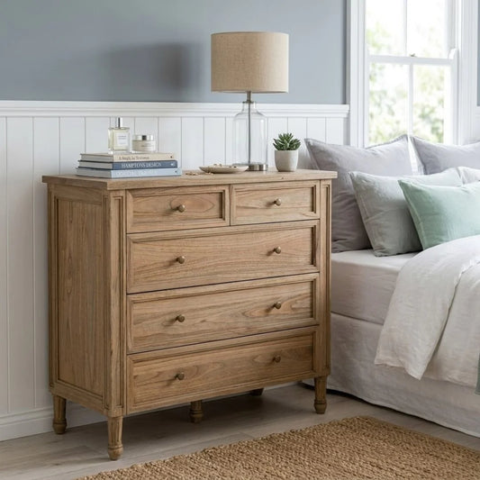 Wooden dresser in a bedroom with a lamp and decor items on top