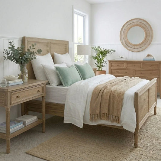 Neatly arranged bedroom with wooden furniture and decorative elements.