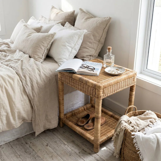 Wicker side table next to a bed with pillows and a book