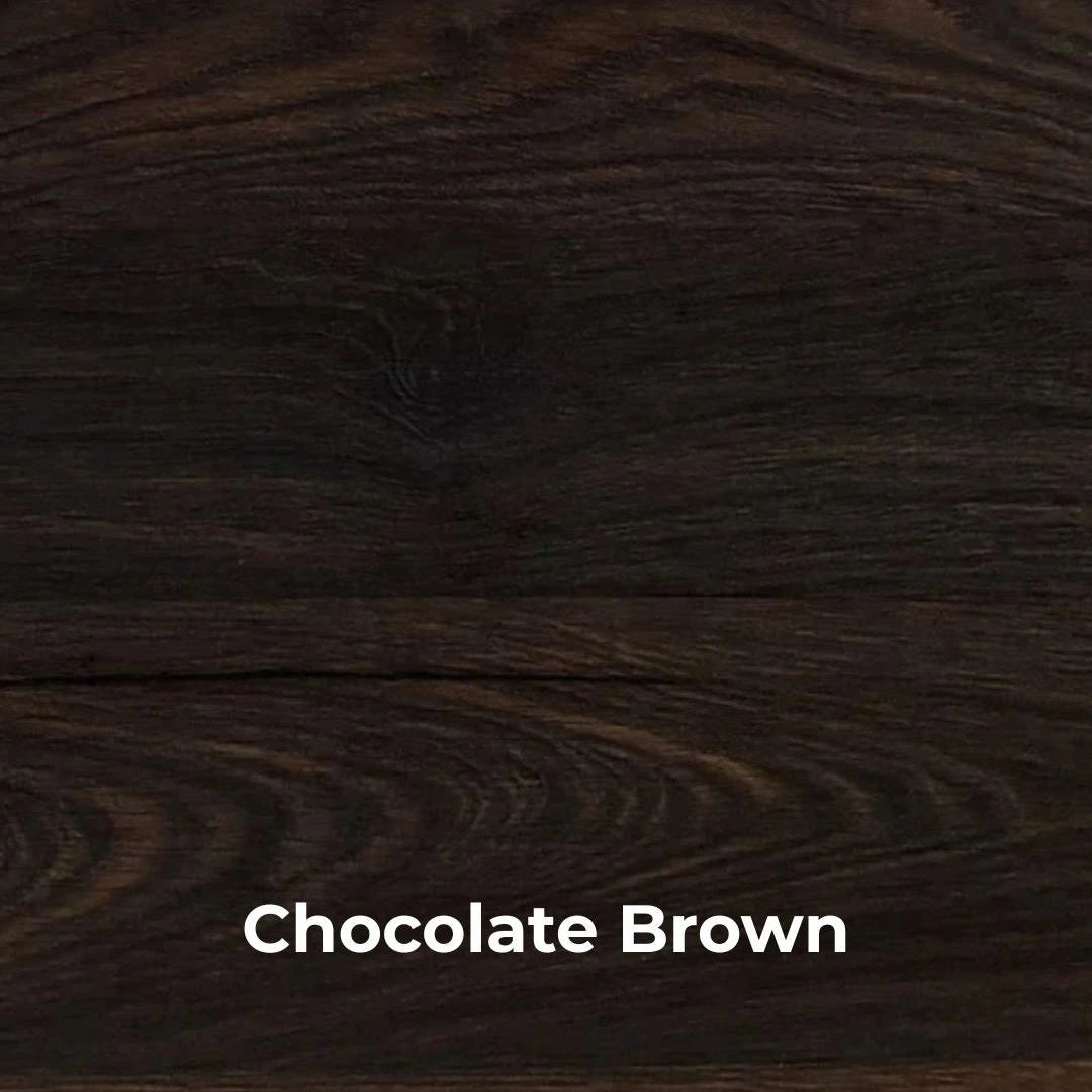 Close-up of chocolate brown wood texture with 'Chocolate Brown' text overlay