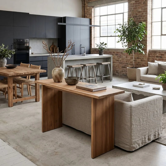 Modern kitchen and living room with wooden furniture and plants.