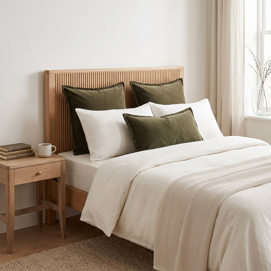 A neatly made bed with cream bedding, white pillows, and two olive green accent pillows, set in a minimalist bedroom with a light wood headboard and side table.