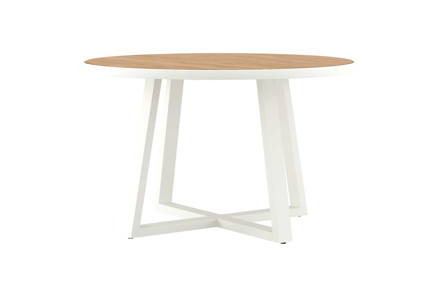 Dining table with wooden top and white metal legs on a white background