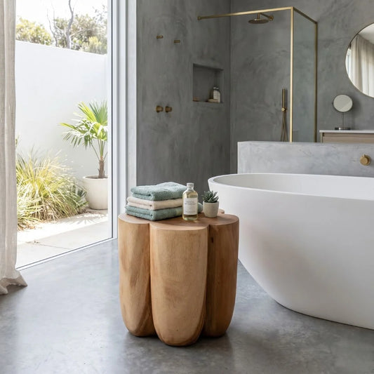 Modern bathroom with a wooden side table, white bathtub, and glass shower enclosure.