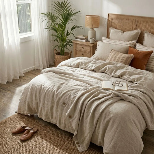Neatly made bed with beige bedding in a bright bedroom with a plant and lamp.