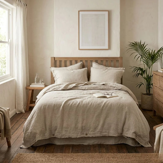Neatly made bed in a bedroom with wooden headboard, side table, and plant.