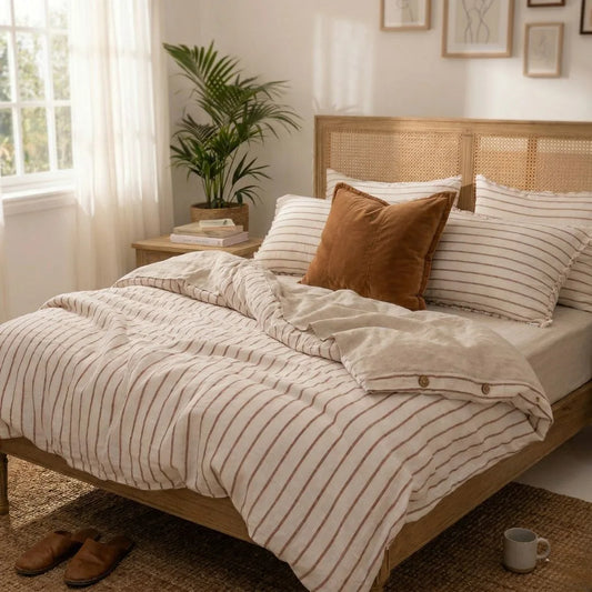 Bedroom with a wooden bed, striped bedding, and a plant near a window.
