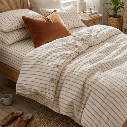 Neatly made bed with striped bedding and pillows in a cozy bedroom setting.