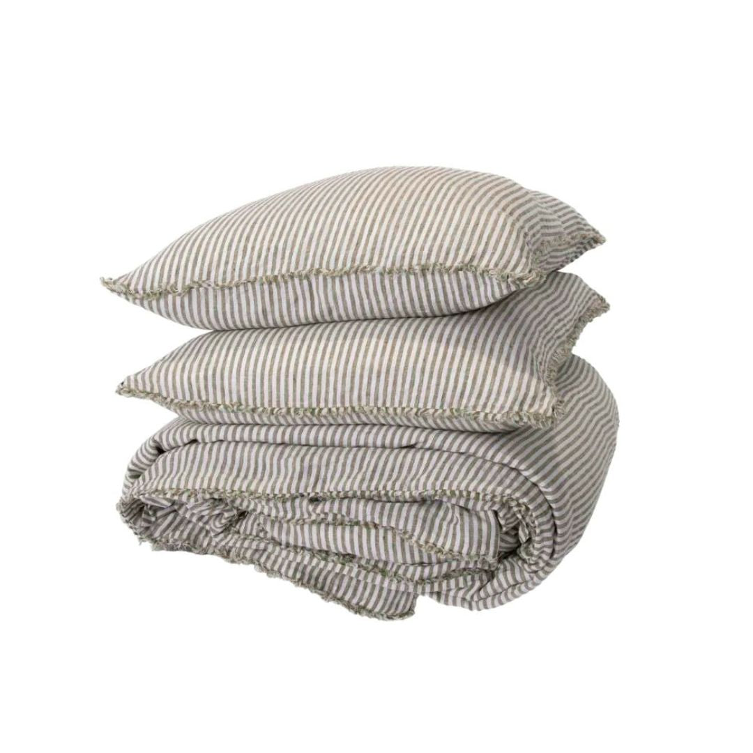 Folded french linen striped bedding set on a white background