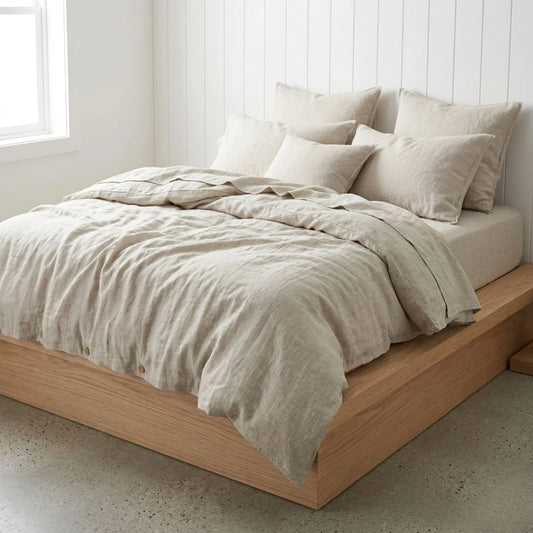 French Linen beds sheets in natural light soft beige
