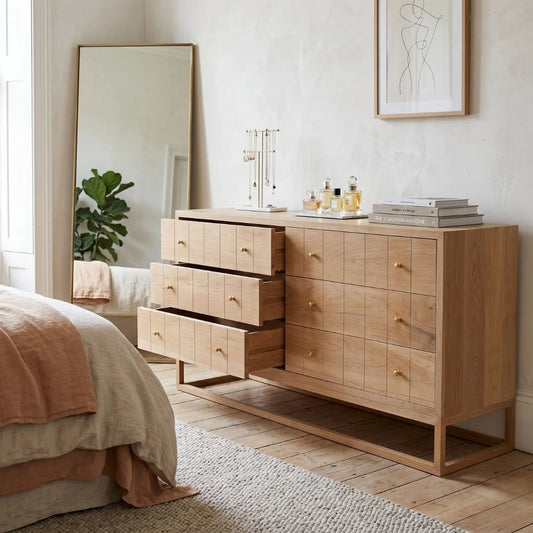 American Oak chest of drawers in a modern bedroom setting.