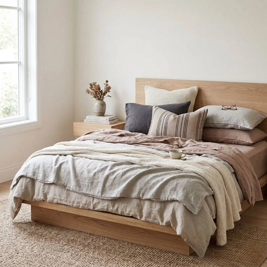 Neatly made bed with wooden headboard and side table in a bright bedroom.