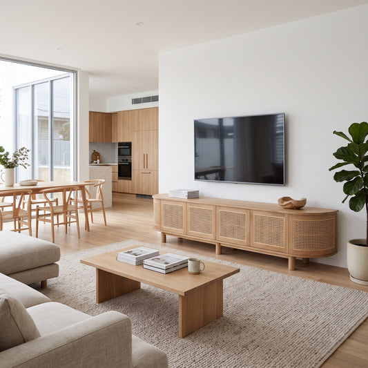 A modern living room featuring a light natural wood TV console with woven cane panels, a matching wooden coffee table, and a beige textured rug. A black flat-screen TV is mounted on a white wall, and the room is styled with a beige sofa, a large potted green plant, and an open-plan kitchen in the background.