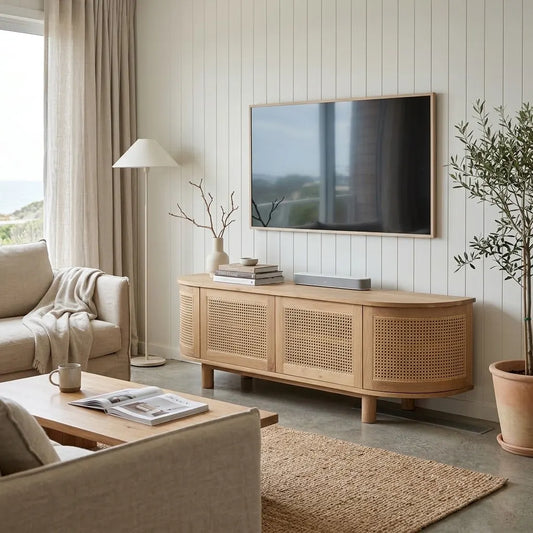 A light natural wood TV console with woven cane panels stands in a bright, modern living room against a white shiplap wall under a mounted flat-screen TV. The room includes a beige sofa, coffee table, floor lamp, potted plant, and woven rug.