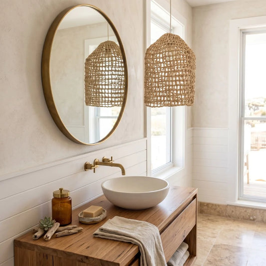 Bathroom with wooden vanity, round mirror, and wicker pendant lights.
