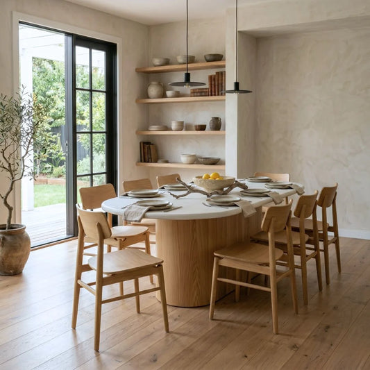 Dining area with wooden chairs and a oval table.