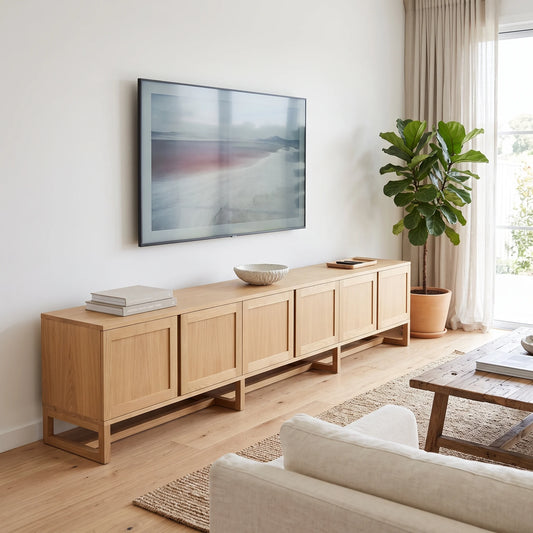 A light natural wood media console with six cabinet doors and open legs, styled in a bright living room with a wall-mounted TV, books, a bowl, and a potted fiddle-leaf fig plant.