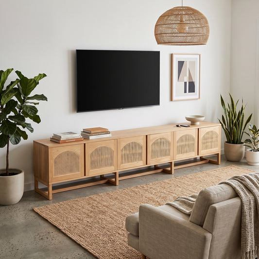 A long, low wooden TV stand or media console with five arched cabinet doors, shown in a styled living room setting with a wall-mounted TV, plants, a woven pendant light, and a beige armchair.