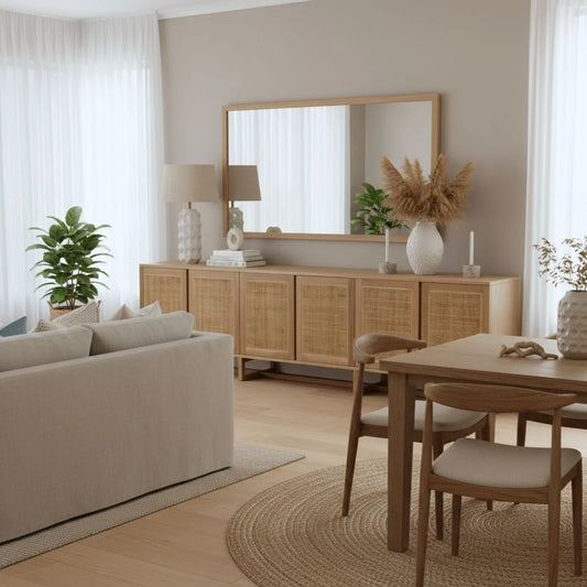 Modern living room with beige sofa, wooden sideboard, and dining table.