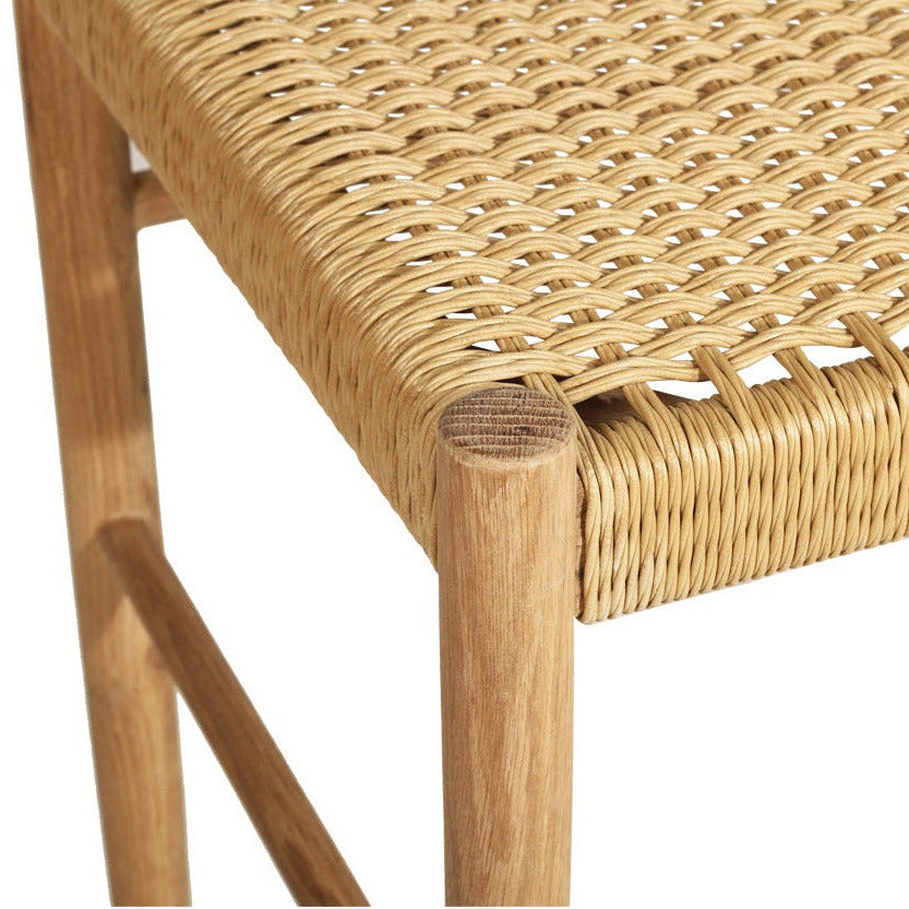 American Oak Kitchen Counter Stool with back rest and woven seat on a white background