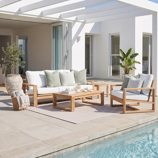 Outdoor patio furniture set including a wooden sofa, matching armchair, and coffee table with white cushions and green pillows, arranged on a light rug beside a swimming pool in a modern white patio setting.