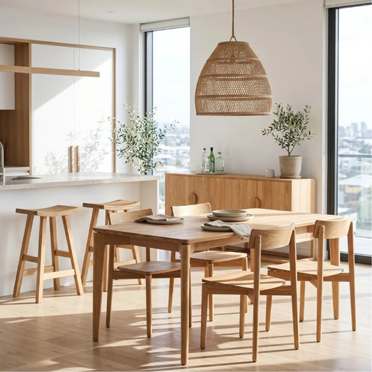 Modern kitchen with wooden dining table and chairs, pendant light, and large windows.