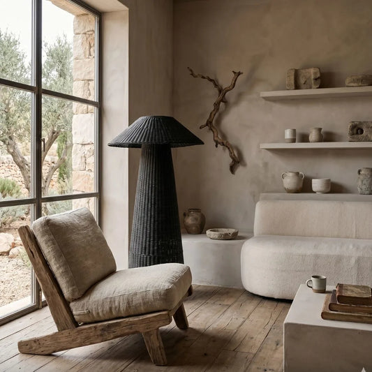 Malawi Cane Floor Lamp in Black in a living room setting