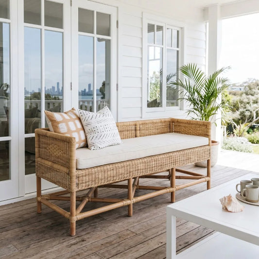 Wicker bench with cushions in a bright, sunlit room with large windows.