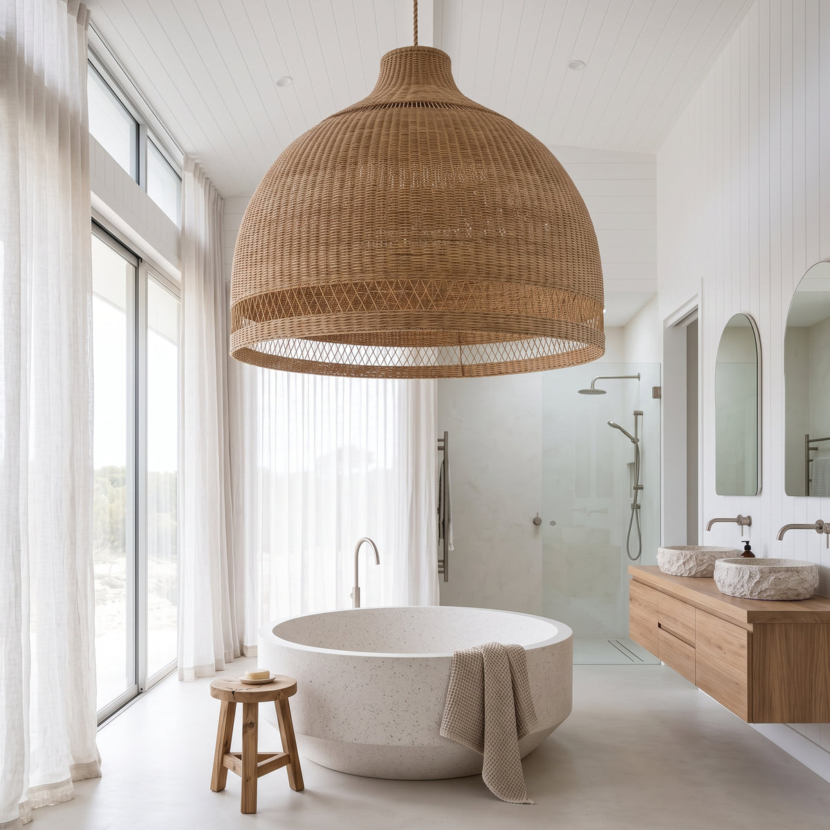 A large woven natural-fiber dome pendant light hangs over a round freestanding bathtub in a bright, modern bathroom with white walls, glass shower enclosure, wood vanity, and stone sinks.