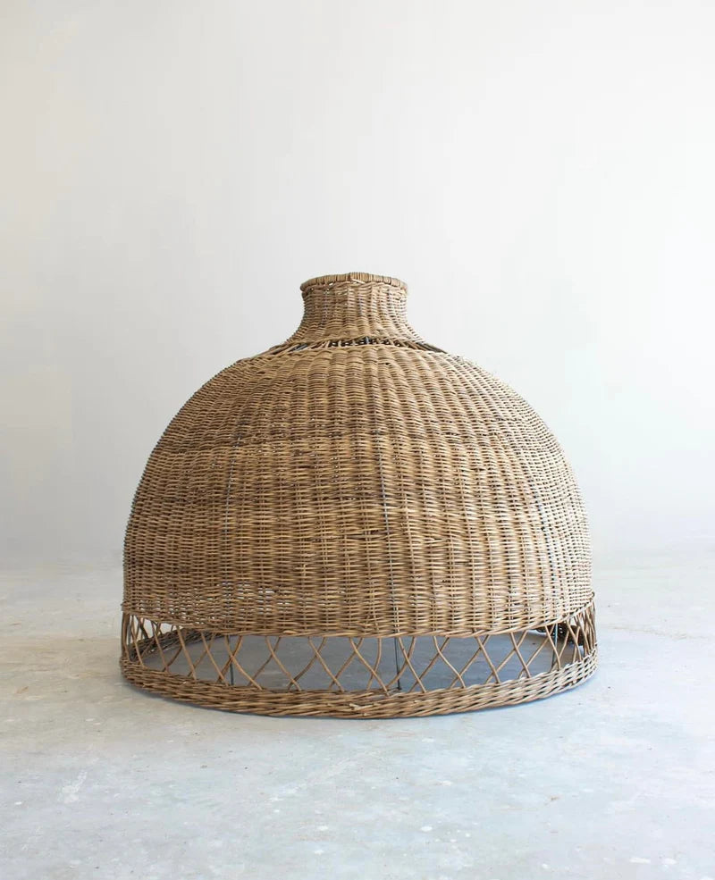Woven rattan ceiling light fixture on a white background