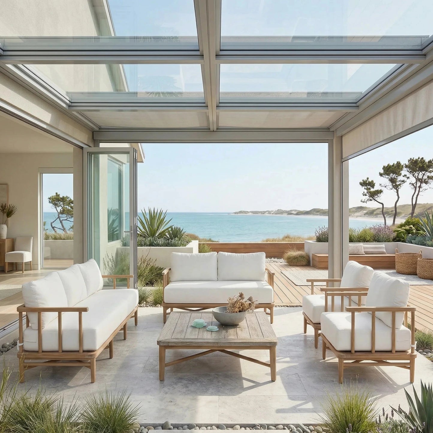 Modern outdoor patio with white furniture and a view of the ocean.