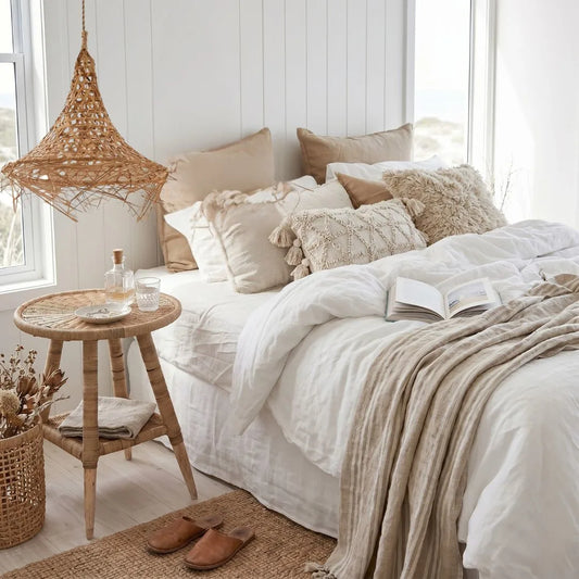 Cozy bedroom with a bed, side table, and decorative elements.