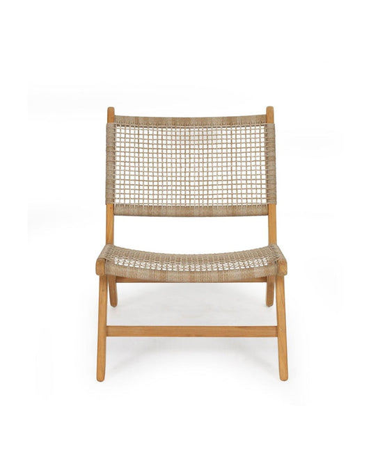 Woven chair with wooden frame on a white background