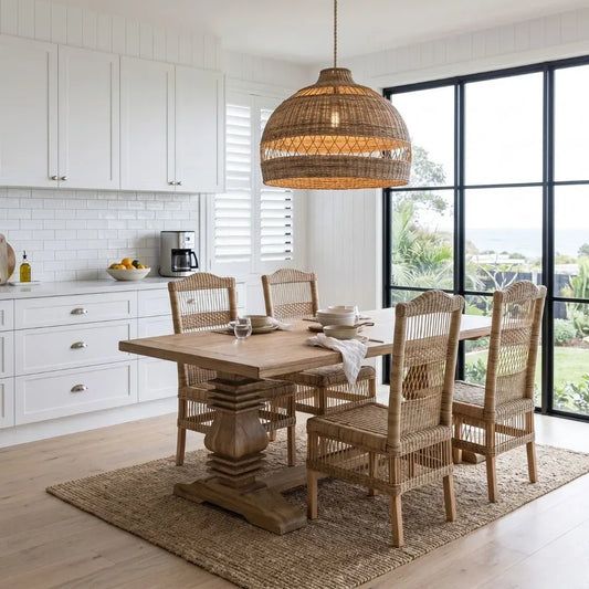 Dining area with wooden table and chairs in a modern kitchen.