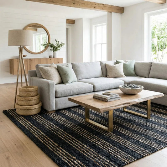 Modern living room with a gray sectional sofa, wooden coffee table, and decorative items.