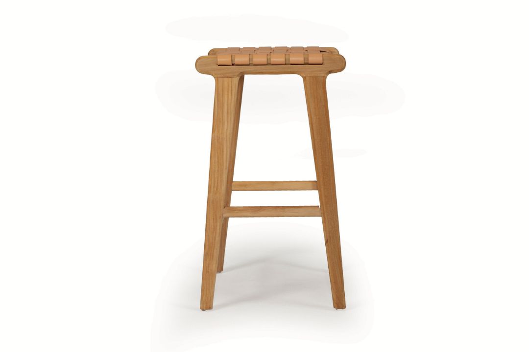 Otis Woven Leather & Teak Saddle Counter Stool - Natural Tan