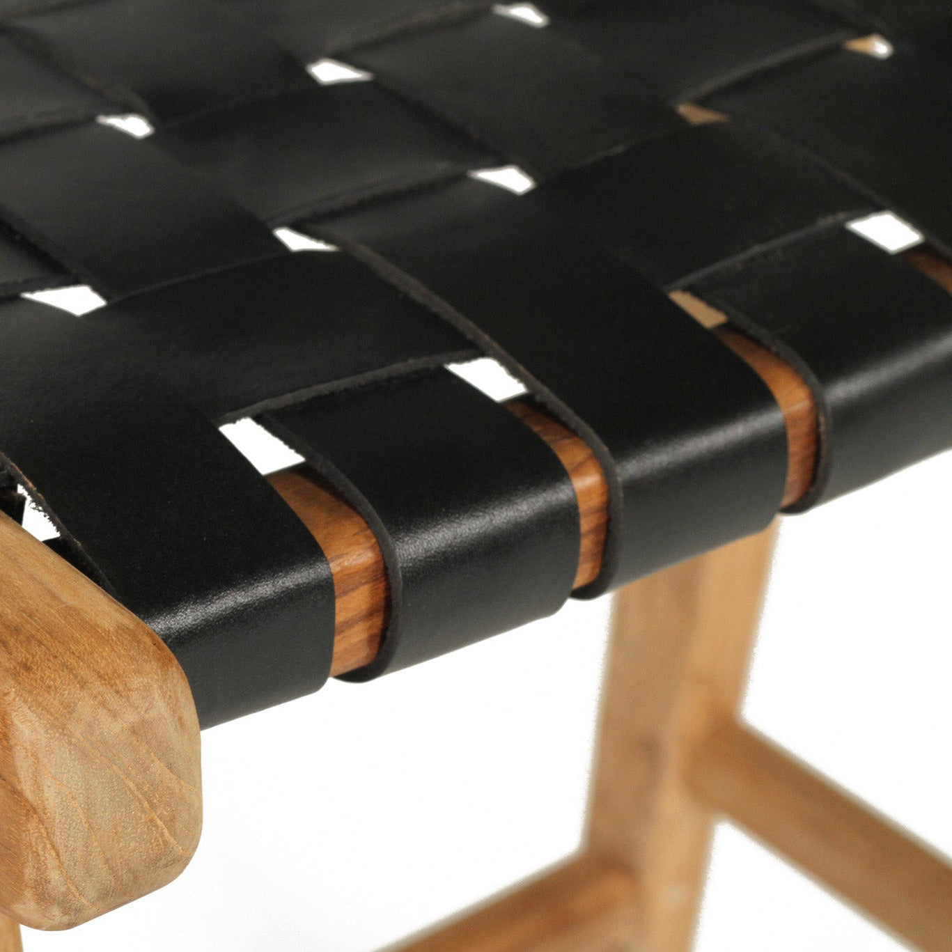 Teak and Black Woven Leather Kitchen Stool