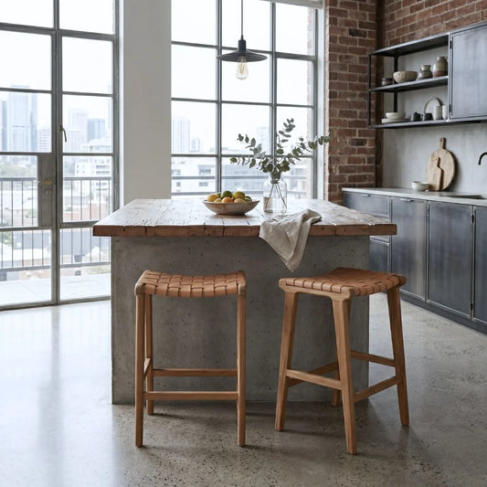 Sun Republic natural tan and teak woven leather counter stools in a modern industrial apartment kitchen.