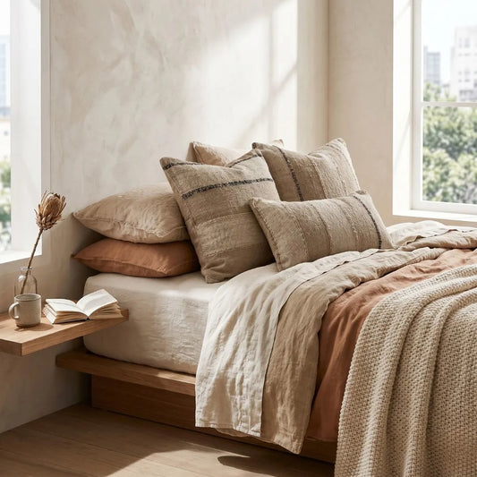 Neatly made bed with beige and brown bedding and pillows in a bright room.