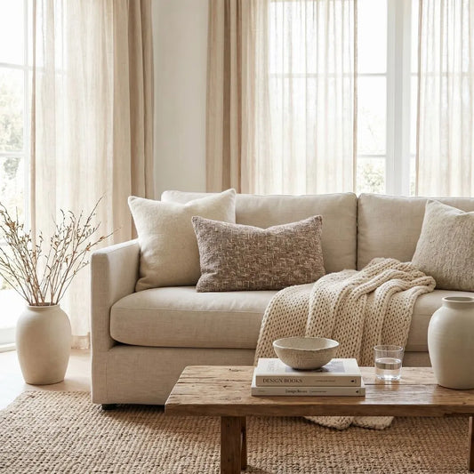 Beige sofa with decorative pillows and a blanket in a living room setting.