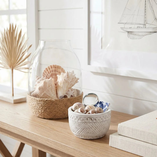Decorative setting with seashells in a glass dome and a woven basket on a wooden surface.