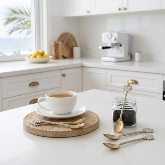 White kitchen with a coffee cup on a wooden cutting board, surrounded by utensils and a jar of coffee beans.