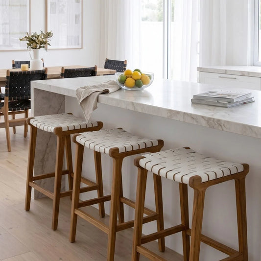 Otis Woven Leather & Teak Saddle Counter Stool - White